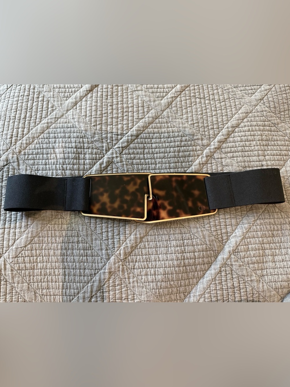 Vintage 1970’s Dior Black Elastic Belt with Tortoiseshell Gold-Tone Buckle.